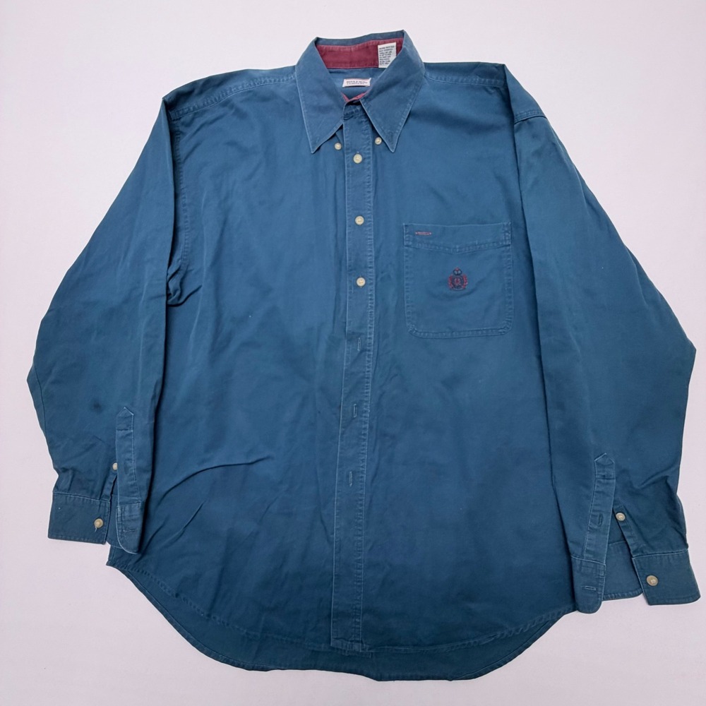 Bugle Boy Company Mens XL Teal Blue Cotton Button Down Long Sleeve Shirt Vintage